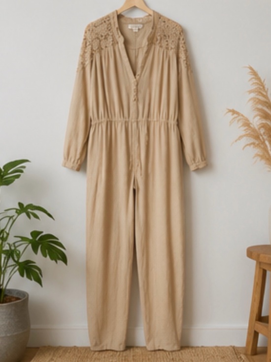Free People Pants - Free People Tan Button-Front Jumpsuit with Lace Back